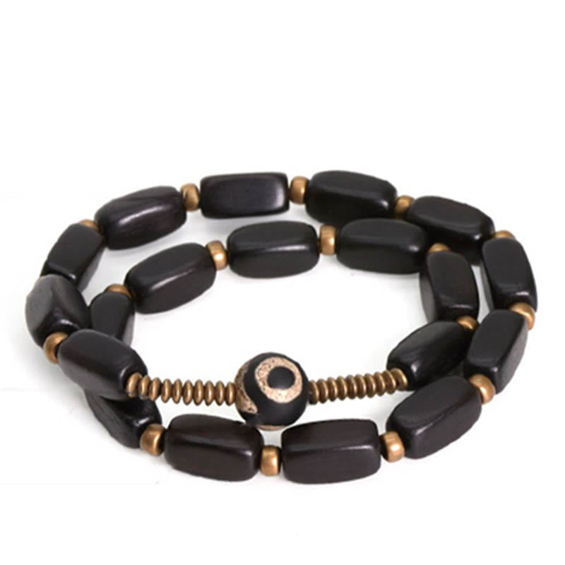 Buddha Stones Tibet Ebony Wood Dzi Bead Copper Balance Double Wrap Bracelet