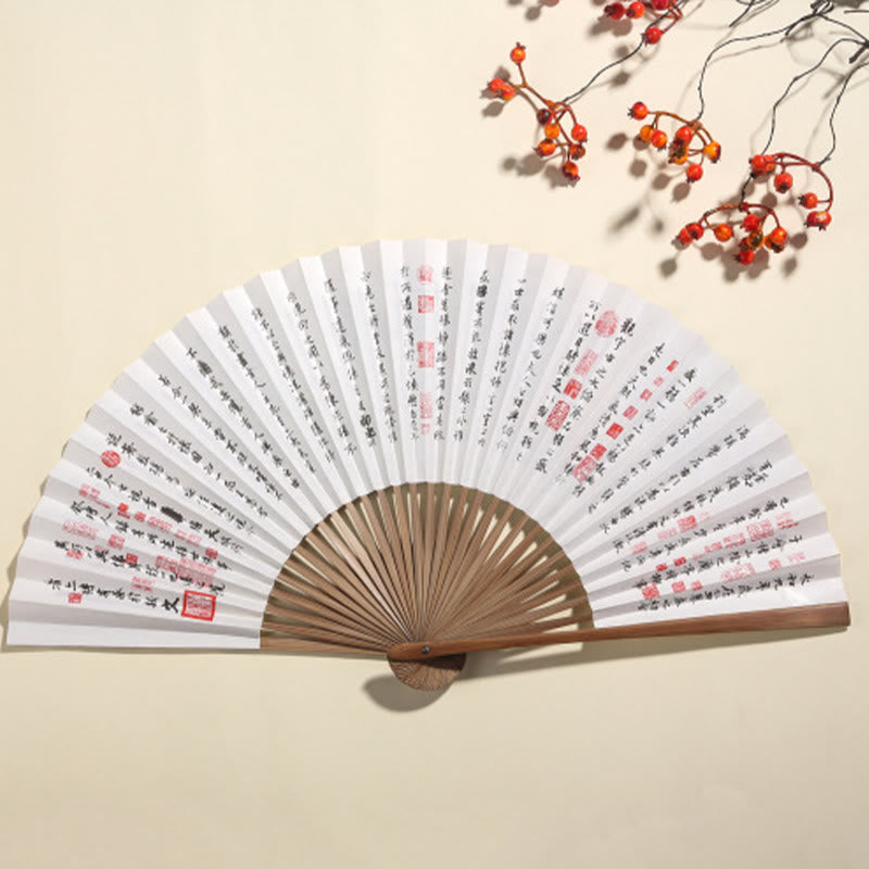 Buddha Stones Pine Tree Garden Peony Handheld Paper Bamboo Folding Fan 26cm