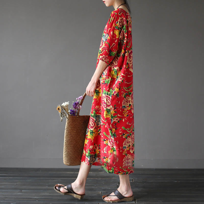 Buddha Stones Red Peony Flowers Printed Midi Dress Half Sleeve Cotton Linen Dress