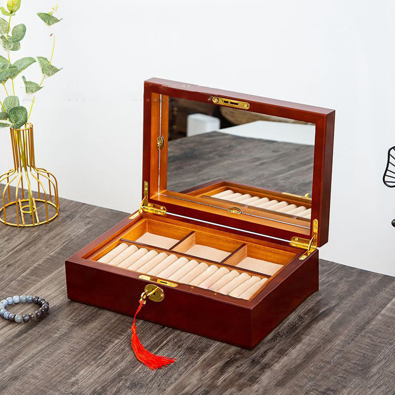 Buddha Stones Vintage Wooden Jewelry Box Two-Layer Solid Wood Jewelry Storage Box
