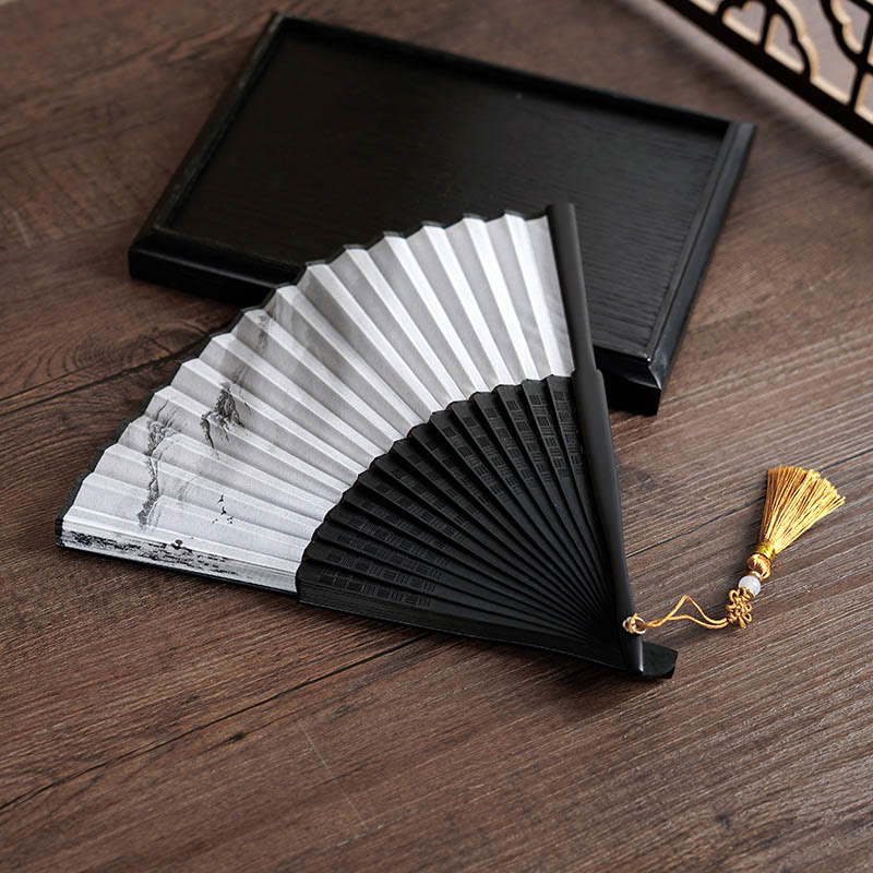 Buddha Stones Ancient Flowers Bamboo Handheld Silk Bamboo Folding Fan 23cm