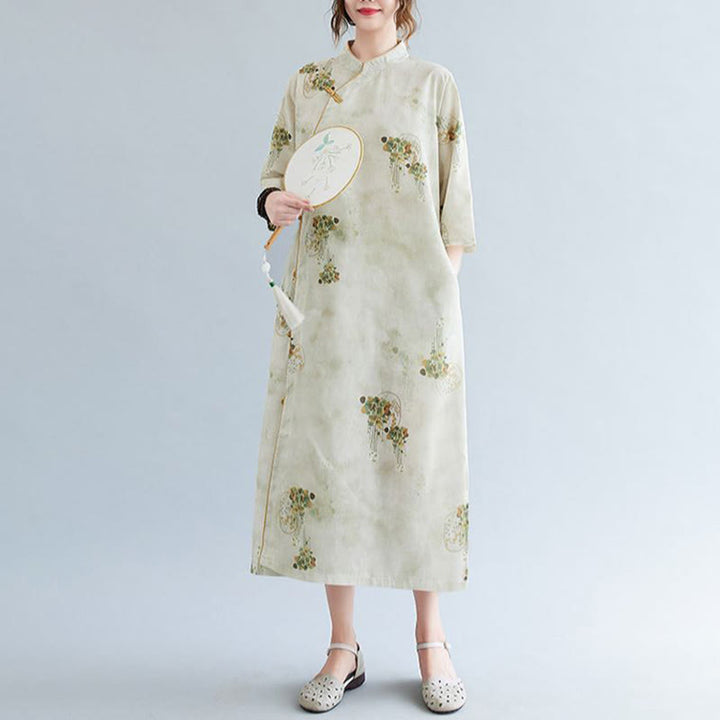 Buddha Stones Flowers Green Yellow Leaves Print Cheongsam Midi Dress Three Quarter Sleeve Dress With Pockets