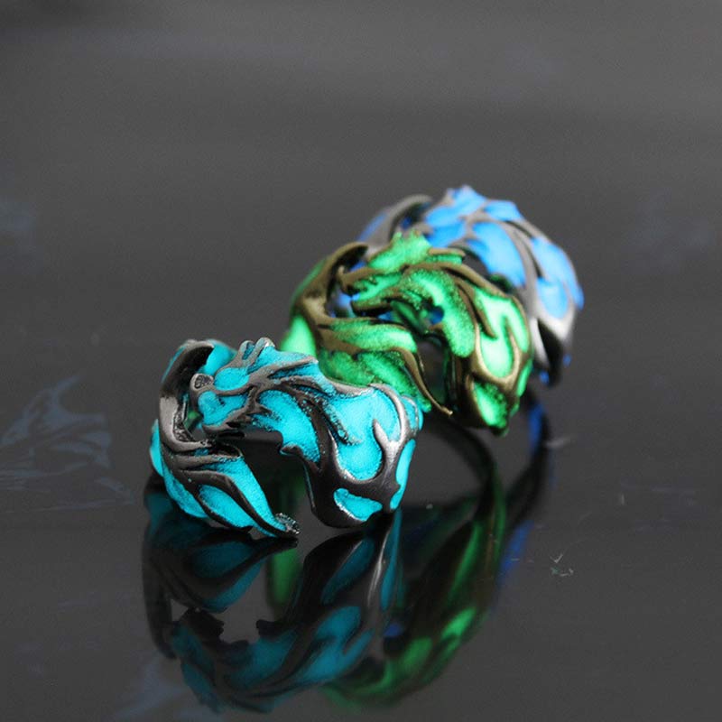 Buddha Stones Vintage Luminous Dragon Protection Strength Glow In The Dark Finger Ring