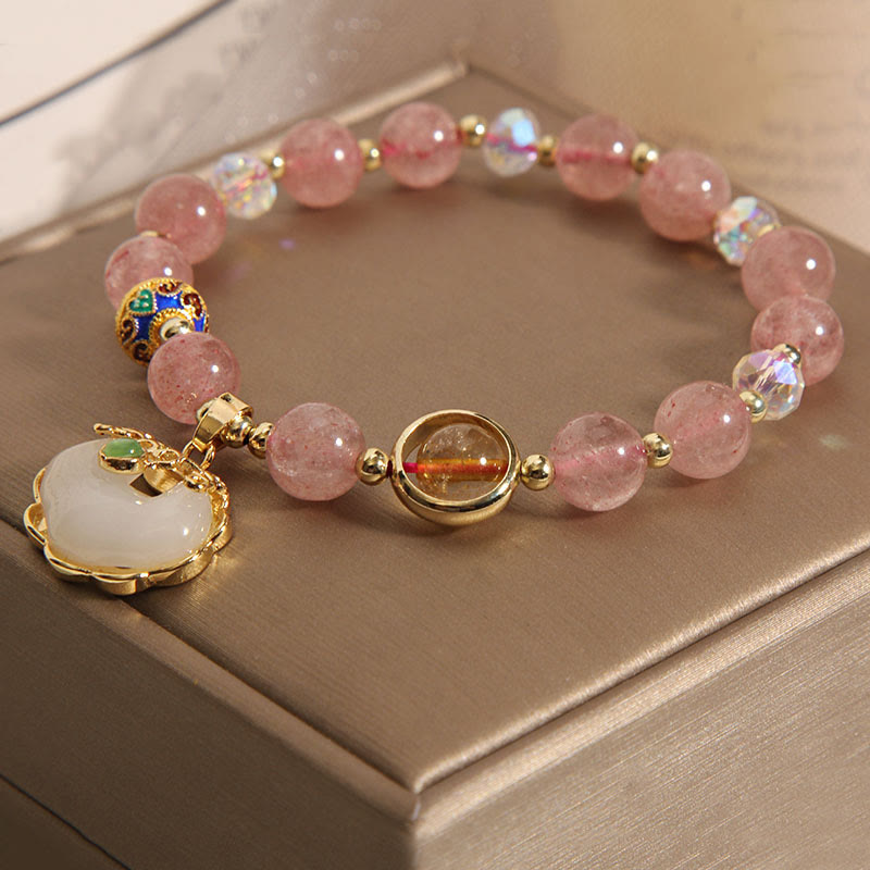 Buddha Stones Strawberry Quartz Green Crystal Amethyst Healing Chinese Lock Charm Bracelet