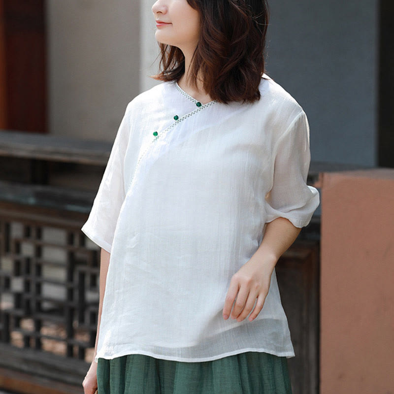 Buddha Stones V-Neck Ramie Linen Loose Casual Blouse Short Sleeve Shirt Chinese Style Top