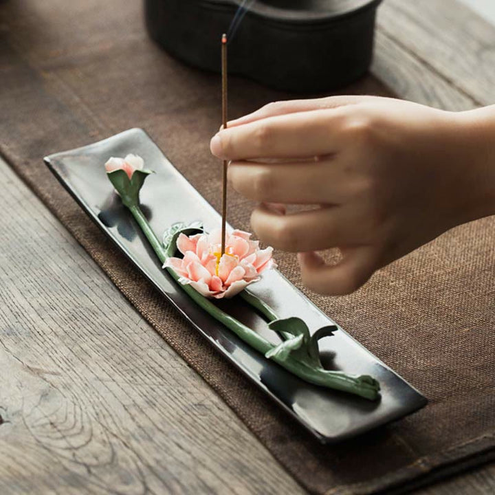 Lotus Peony Rose Flower Ceramic Spiritual Incense Burner - image 0