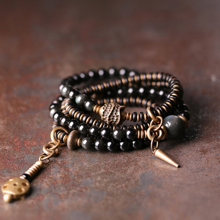 Buddha Stones Rainbow Obsidian Ebony Wood Copper Positive Multilayer Bracelet