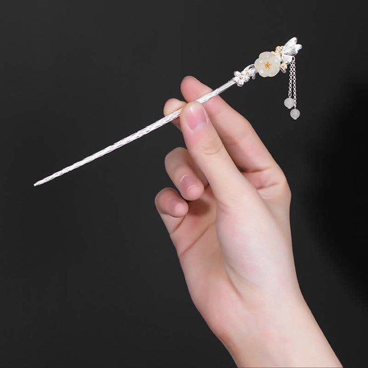 925 Sterling Silver Hetian White Jade Flower Blessing Hairpin - image 2