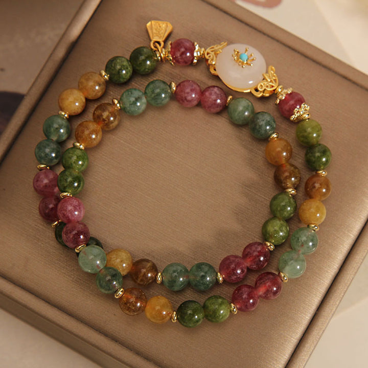 Buddha Stones Natural Multicolored Tourmaline Positive Jade Flower Double Wrap Bracelet