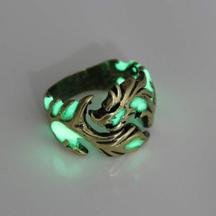 Buddha Stones Vintage Luminous Dragon Protection Strength Glow In The Dark Finger Ring