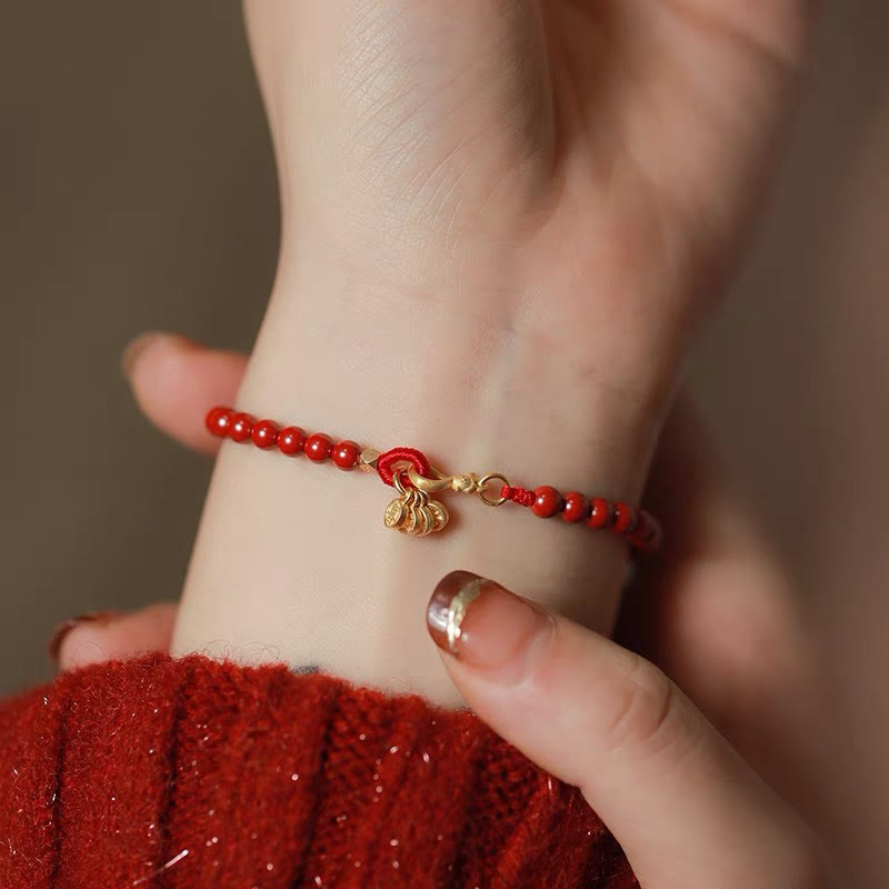 Buddha Stones Natural Cinnabar Round Coin Blessing Bracelet