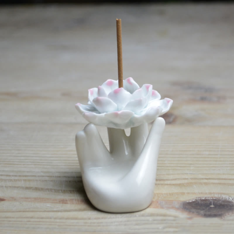 Buddha Stones Small Ceramic Lotus Hand Healing Meditation Incense Burner Decoration - image 1