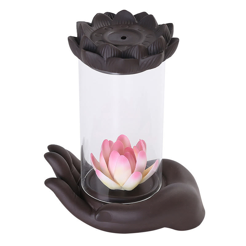 Buddha Stones Buddha Hand Lotus Enlightenment LED Light Purple Clay Ceramic Incense Burner Decoration - image 7