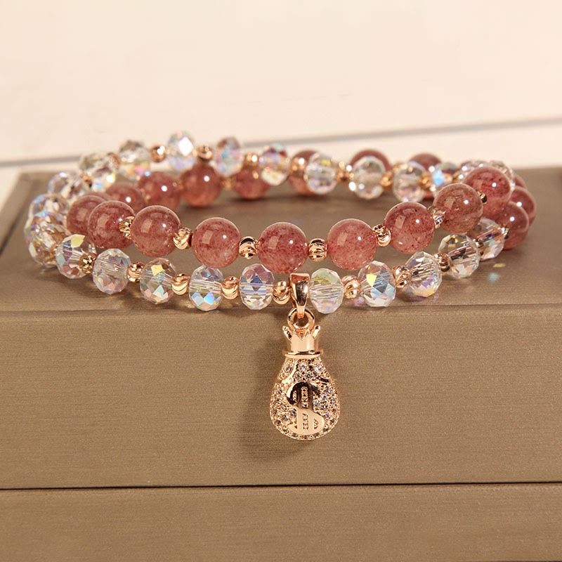 Buddha Stones Strawberry Quartz White Crystal Money Bag Charm Positive Bracelet