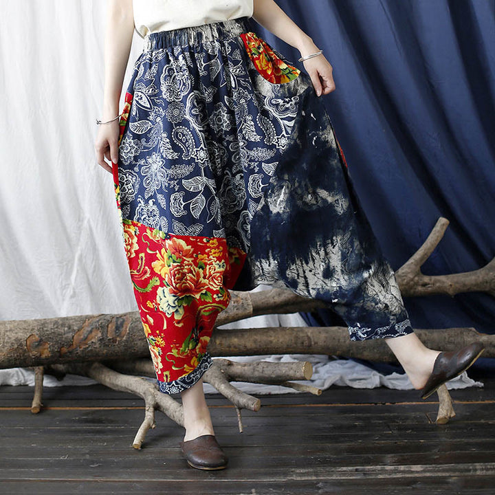 Buddha Stones Blue Red Peony Flowers Patchwork Cotton Linen Harem Pants With Pockets