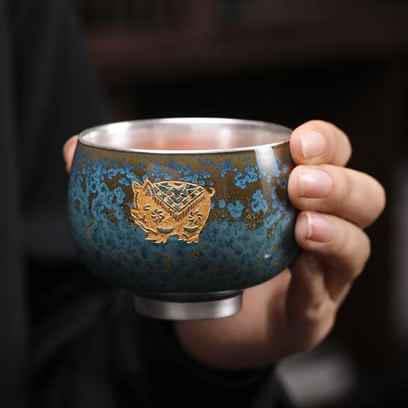 Buddha Stones 999 Gilt Silver Gilt Chinese Zodiac Ceramic Teacup Kung Fu Tea Cup 160ml