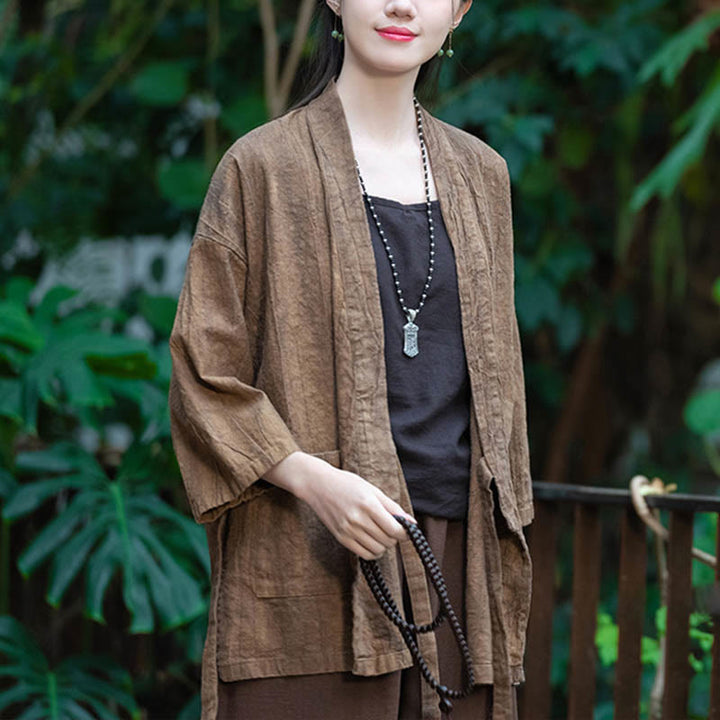 Buddha Stones Hanfu Design Three Quarter Sleeve Ramie Linen Coat Open Front Top Jacket