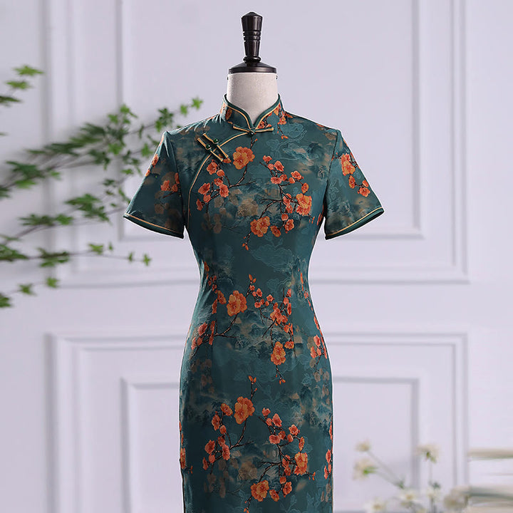 Buddha Stones Retro Flower Lotus Peony Feather Print Qipao Dress Women's Cheongsam Dress