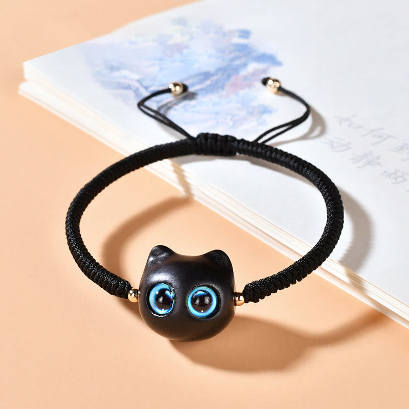 Buddha Stones Ebony Wood Cat Head Pattern Peace King Kong Knot Braided Bracelet - Black Rope(Wrist Circumference 14-18cm) - image 14
