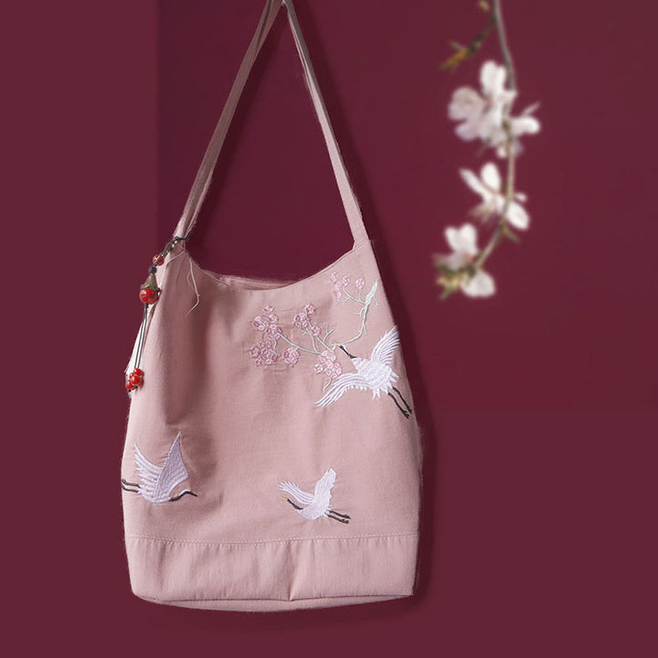 Flower Crane Plum Blossom Embroidery Canvas Large Capacity Shoulder Bag Tote Bag