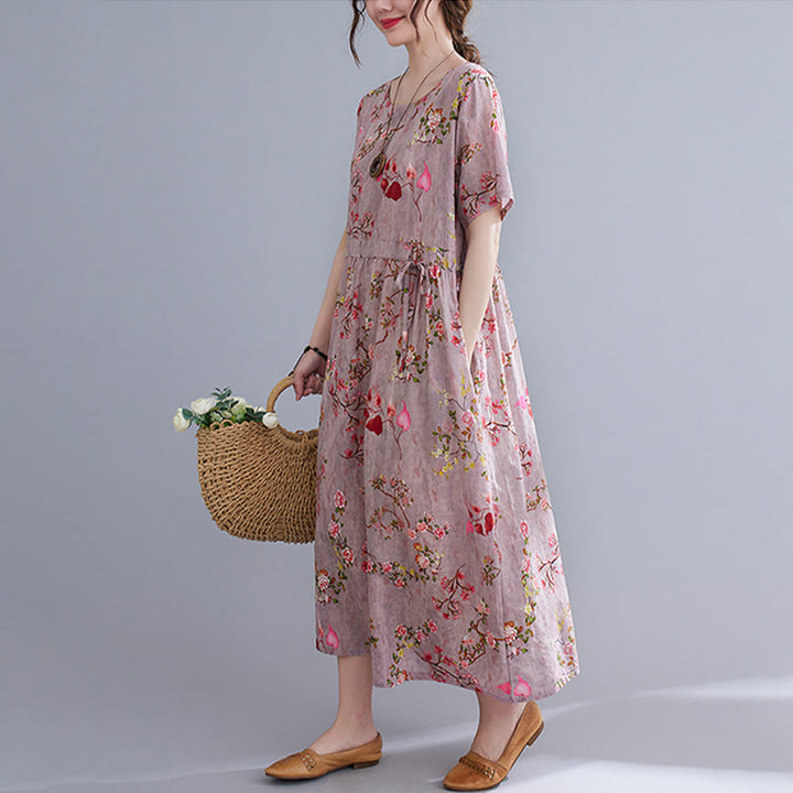 Buddha Stones Flowers Print Midi Dress Cotton Linen Tunic Dress With Pockets