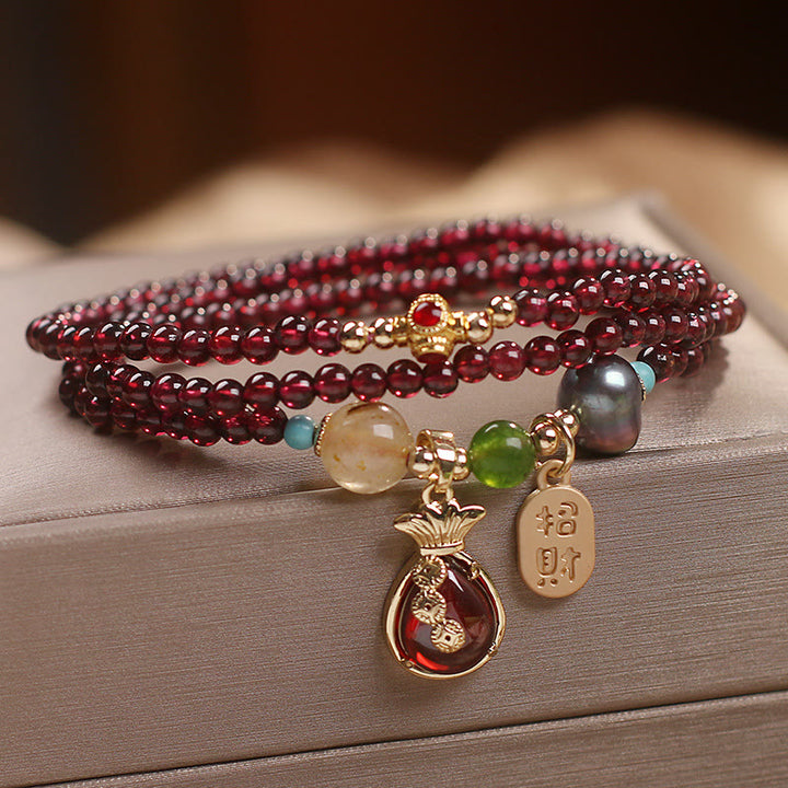 Buddha Stones Multi Layered Natural Garnet Jade Coin Money Bag Attracting Wealth Protection Bracelet