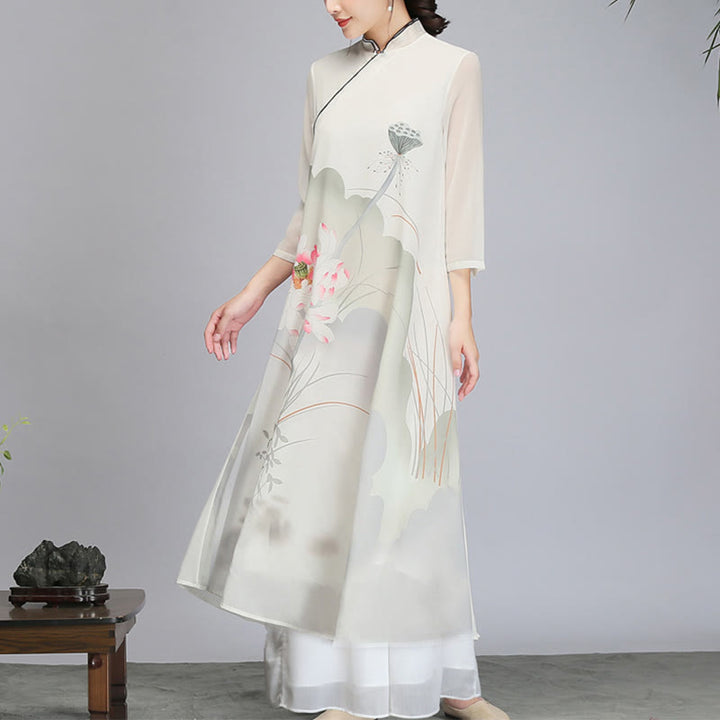 Buddha Stones Lotus Flower Pod Chiffon Cheongsam Midi Dress Meditation Zen Practice Clothing