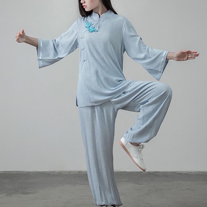 Buddha Stones 2Pcs Tang Suit Frog-Button Shirt Top Pants Meditation Tai Chi Cotton Linen Women's Set