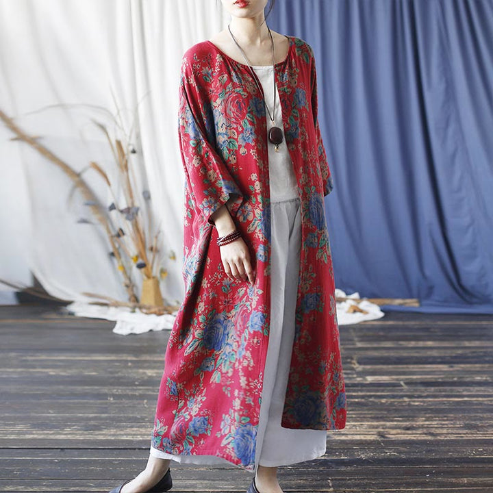 Buddha Stones Red Blue Flowers Print Cotton Three Quarter Sleeve Open Front Jacket Coat