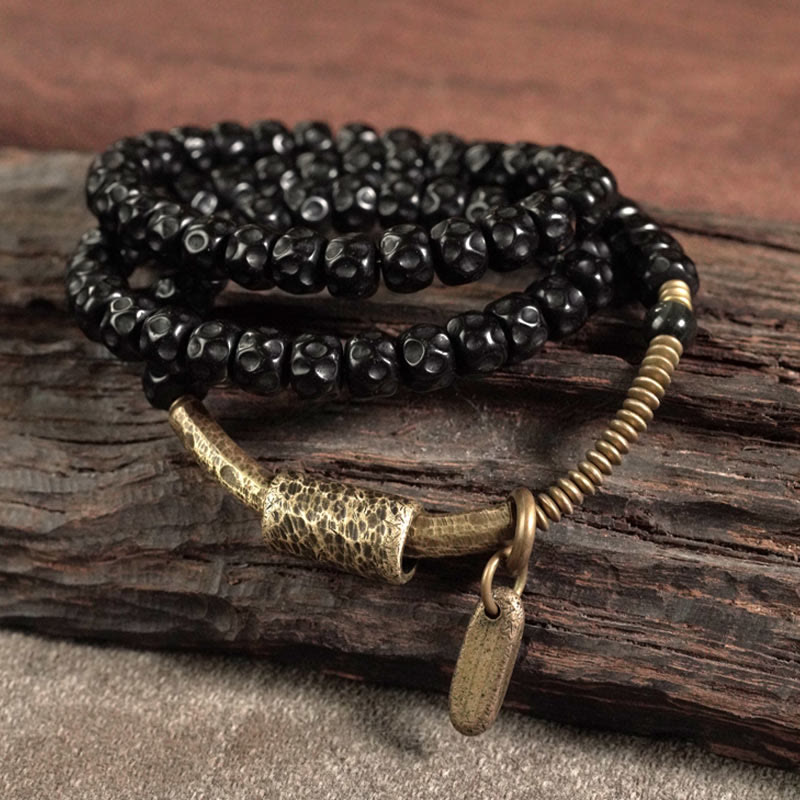 Buddha Stones Retro Coconut Shell Brass Copper Happiness Triple Wrap Bracelet - image 2