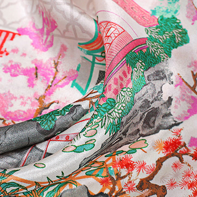 Buddha Stones Pastoral Scene Hot Air Balloon Spring Blossom 100% Mulberry Silk Neck Hair Scarf - image 17