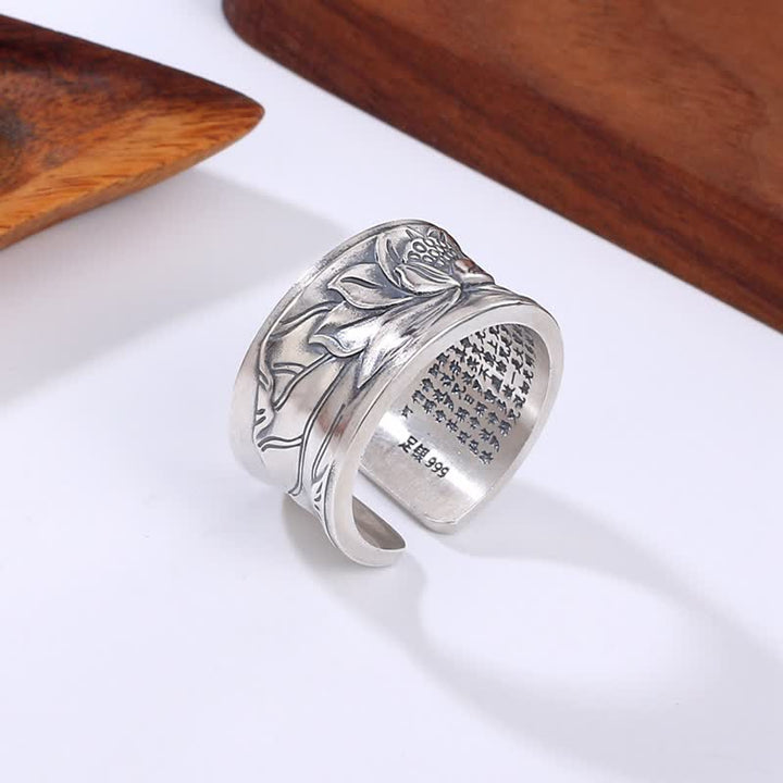 Buddha Stones 999 Sterling Silver Lotus Flower Heart Sutra Protection Ring - image 1
