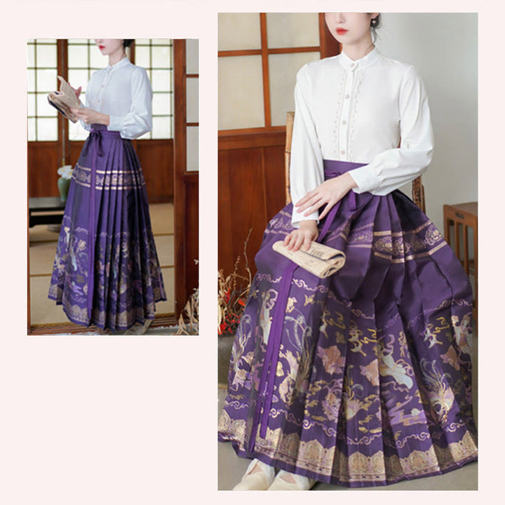 Buddha Stones Long Sleeve Shirt Top Chinese Hanfu Flying Fairy Horse Face Skirt Purple Mamianqun