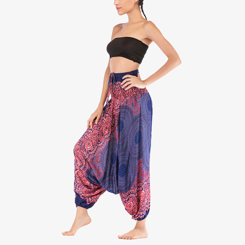 Buddha Stones Two Style Wear Round Geometric Pattern Loose Smocked Harem Trousers Jumpsuit High Waist Women's Yoga Pants