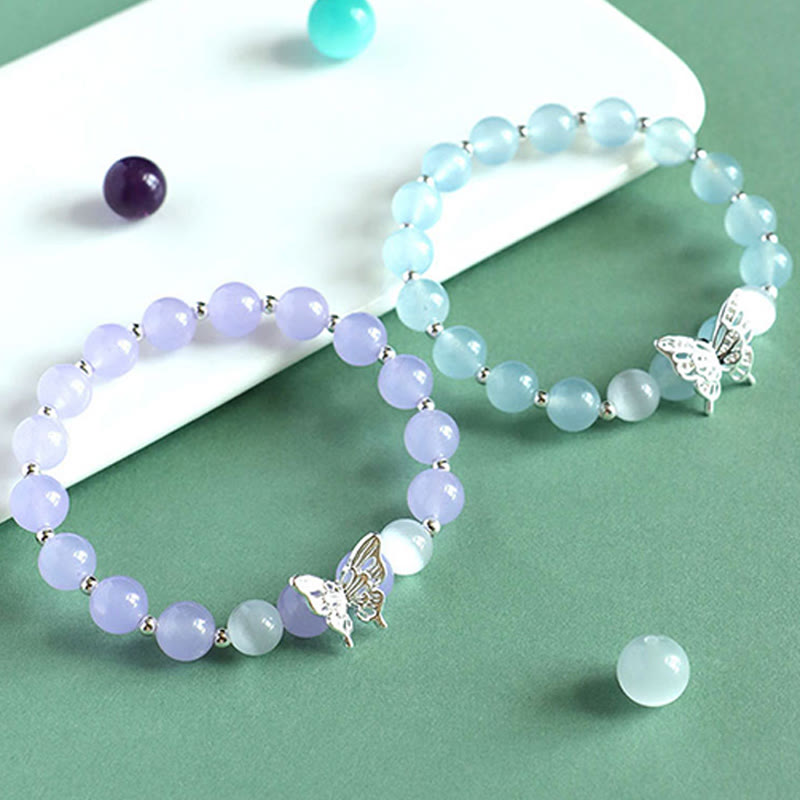 Buddha Stones Blue Chalcedony Pink Crystal Purple Chalcedony Butterfly Energy Bracelet