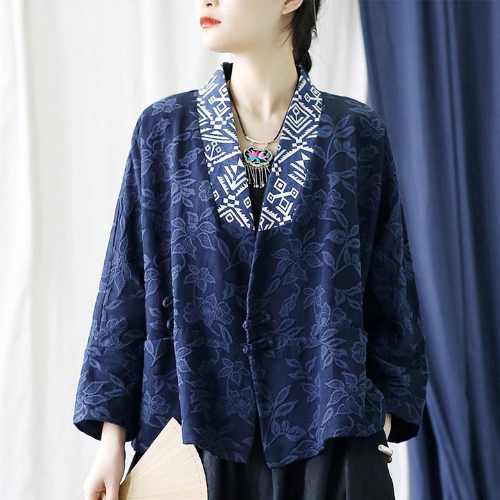 Buddha Stones Flower Jacquard V-Neck Long Sleeve Jacket