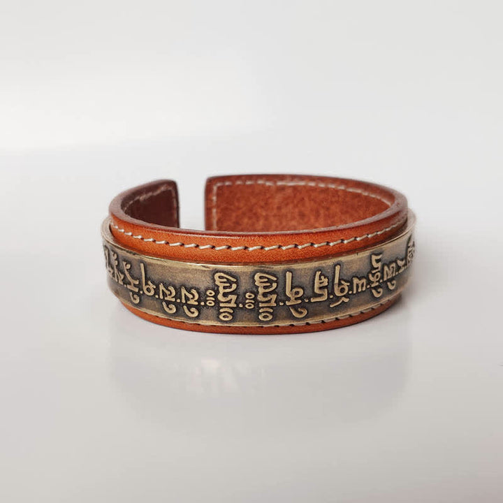 Buddha Stones 2Pcs Om Mani Padme Hum Dragon Phoenix Copper Leather Peace Cuff Bracelet Bangle - Om Mani Padme Hum - image 6