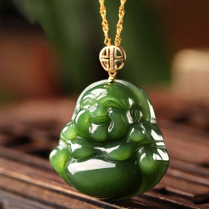 925 Sterling Silver Laughing Buddha Hetian Cyan Jade 18K Gold Success Necklace Chain Pendant - image 4