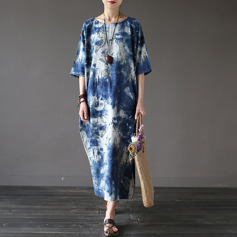 Buddha Stones Ink Tie Dye Midi Dress Three Quarter Sleeve Cotton Linen Dress With Pockets