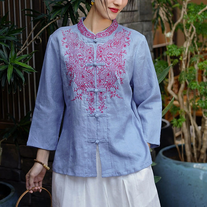 Buddha Stones Flower Embroidery Frog-button Design Shirt Top Linen Clothing