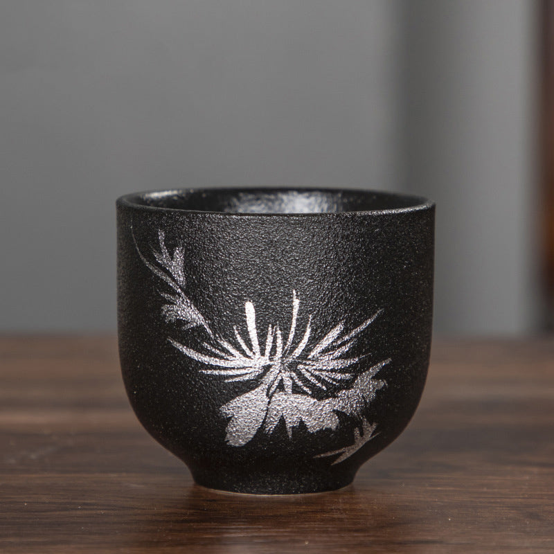 Buddha Stones Hand Painted Lotus Flower Bamboo Chrysanthemum Black Pottery Ceramic Teacup Kung Fu Tea Cup 95ml