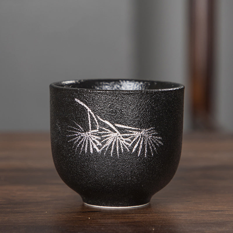 Buddha Stones Hand Painted Lotus Flower Bamboo Chrysanthemum Black Pottery Ceramic Teacup Kung Fu Tea Cup 95ml