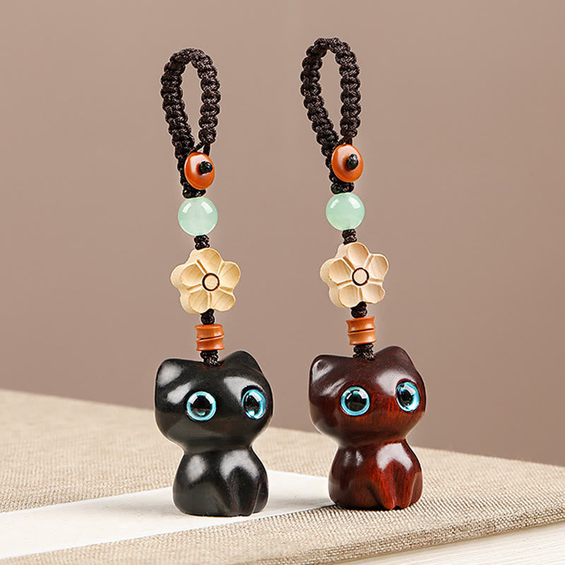 Buddha Stones Mini Small Leaf Red Sandalwood Ebony Wood Lucky Cat Lovely Kitty Peace Key Chain Phone Hanging Decoration - image 12