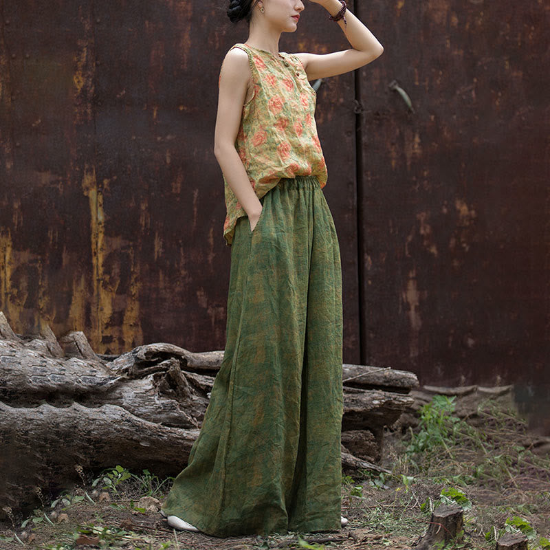 Buddha Stones Green Yellow Ramie Linen Flexible Waistband Wide Leg Pants With Pockets