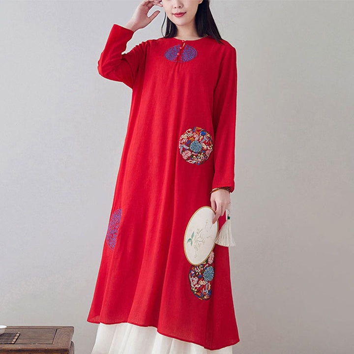 Buddha Stones Embroidery Long Sleeve Midi Dress Meditation Spiritual Zen Practice