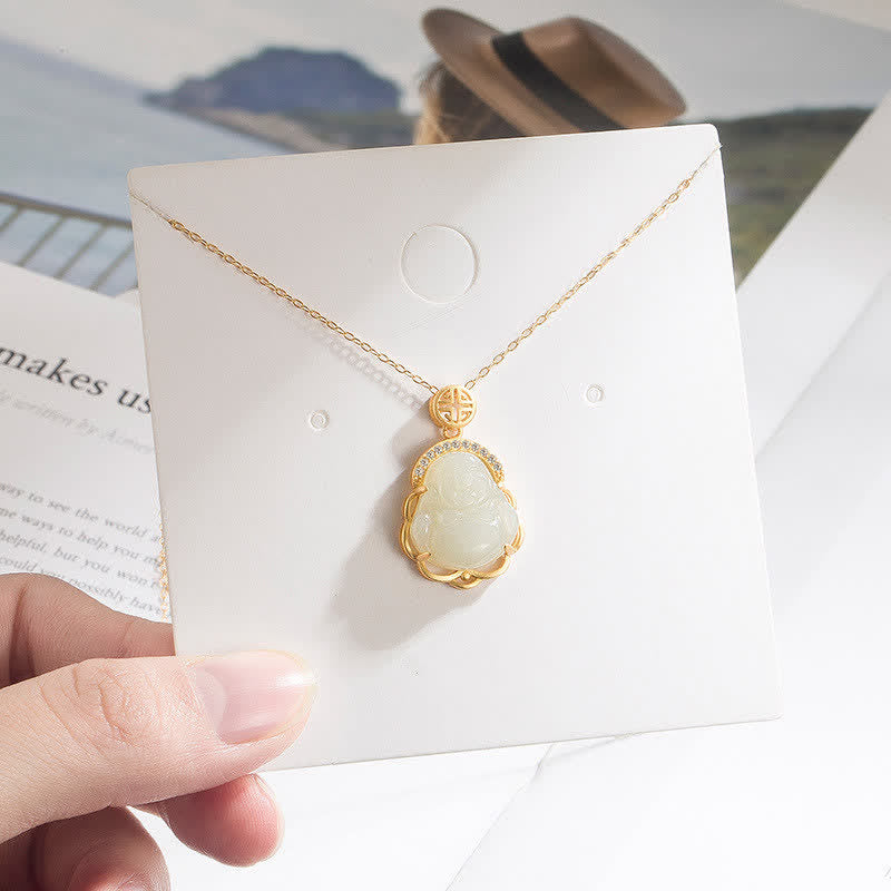 925 Sterling Silver Laughing Buddha Hetian White Jade Protection Necklace Pendant - image 2