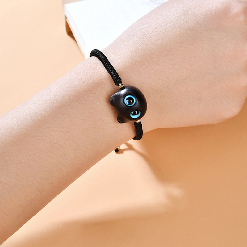 Buddha Stones Ebony Wood Cat Head Pattern Peace King Kong Knot Braided Bracelet - image 15