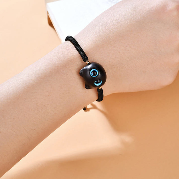 Buddha Stones Ebony Wood Cat Head Pattern Peace King Kong Knot Braided Bracelet - image 15
