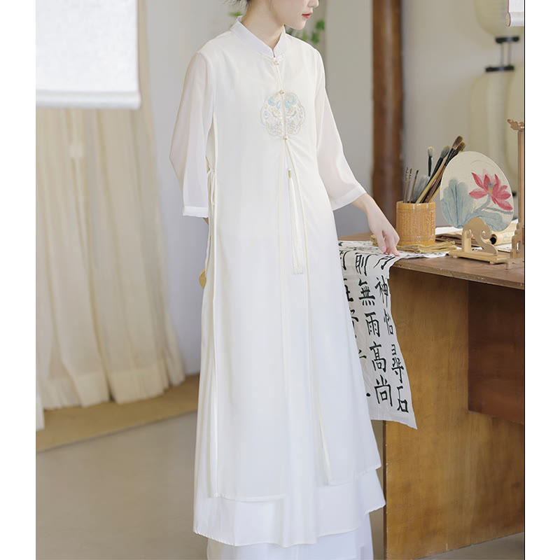 Buddha Stones Embroidery Chiffon Cheongsam Midi Dress Wide Leg Pants Meditation Zen Practice Clothing