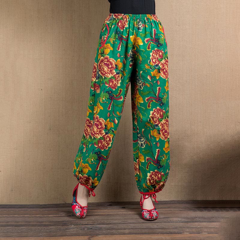 Buddha Stones Ethnic Style Red Green Flowers Print Harem Pants With Pockets